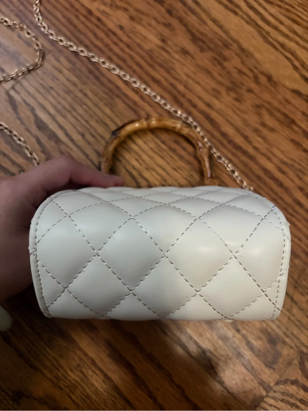 Girl White Quilted Crossbody Mini Bag with Bamboo Handle